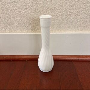 vintage Hoosier Glass milk glass bud vase featuring a swirl or ribbed pattern 9”